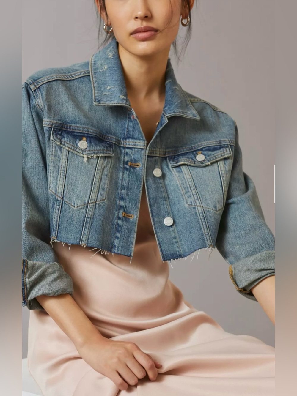 EUC Pilcro By Anthropology Ultra-Crop Mini Trucker Denim Jacket Size Medium
